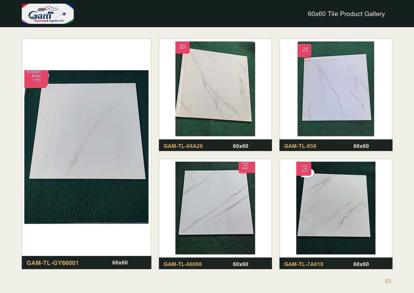 Tile options from Gam Sourcing catalogue